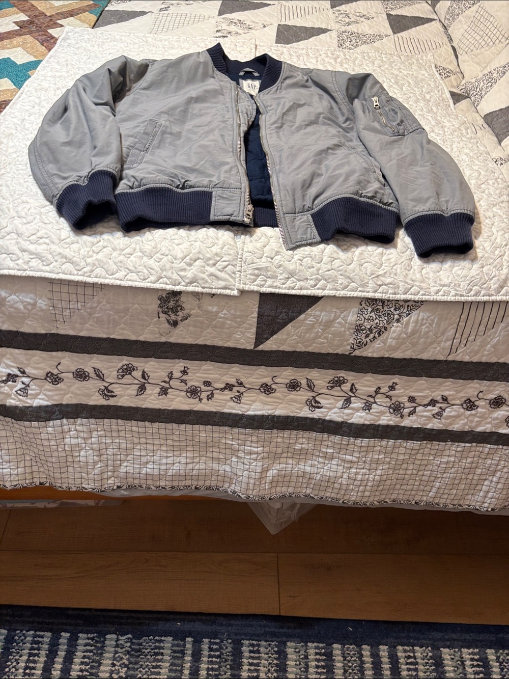 GAP Light Gray Bomber Jacket with Navy Trim